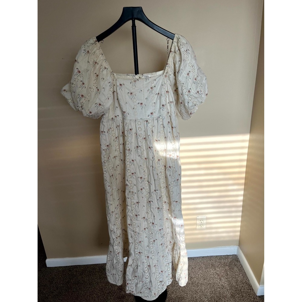 Storia Midi Dress Womens S Cream Eyelet Floral Square Neck Back Zip Puff Sleeve